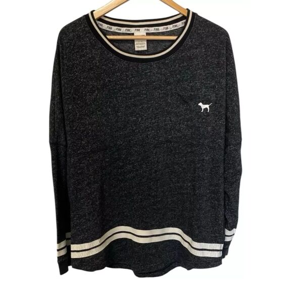 Victoria’s Secret  PINK Light Weight Sweater Top Logo On Back Gray/Blk Mix Large - Picture 2 of 10
